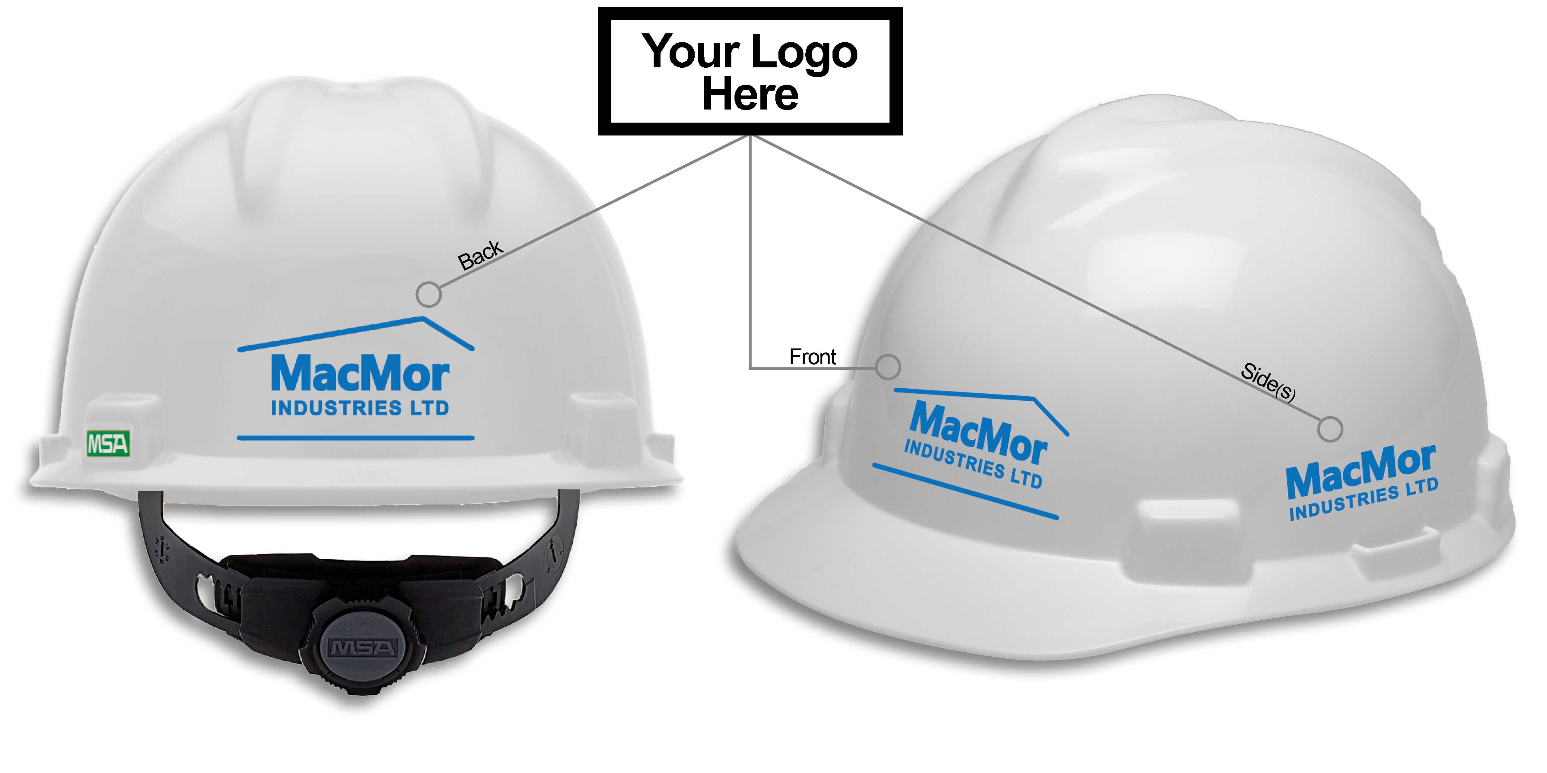 This image shows how MSA's hard hat logo promotion is customizable. Logoing available on the front back and both sides!